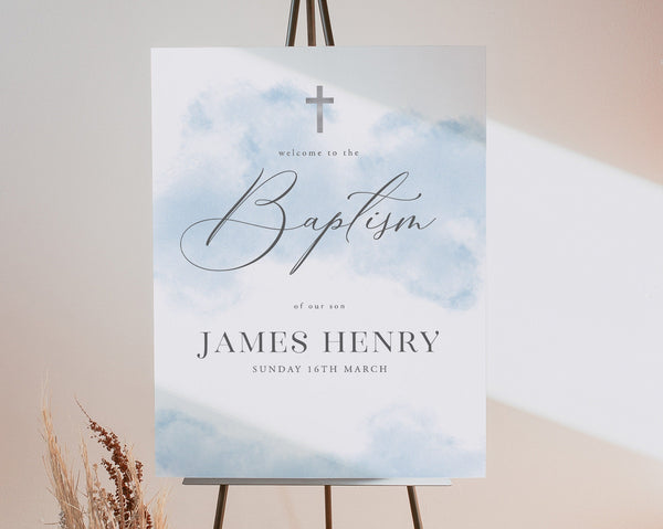 Baptism Welcome Sign, Christening Welcome Sign, Printable Welcome Sign, Blue and Silver, Blue Watercolor Welcome Sign, Blue and Silver Sign