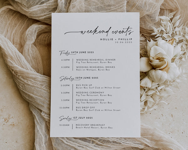 Wedding Timeline Template, Wedding Itinerary, Order of Events, Schedule of Events, Wedding Day Timeline Download, Minimalist Wedding, Hollie