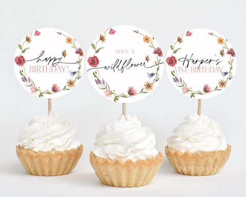 Wildflower Cupcake Toppers, Flower 1st Birthday, Wildflower Birthday Cupcake Toppers, 1st Birthday Girl, Pink Flower Birthday Cupcake Topper