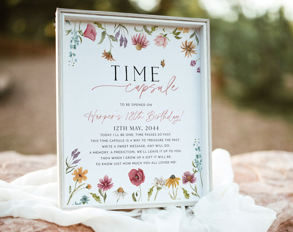 Wildflower Time Capsule, 1st Birthday Time Capsule Sign, Wildflower Birthday Time Capsule Template, Girl 1st Birthday Time Capsule Printable