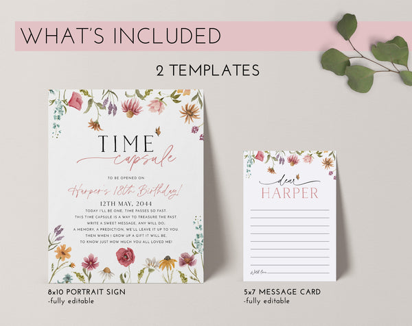 Wildflower Time Capsule, 1st Birthday Time Capsule Sign, Wildflower Birthday Time Capsule Template, Girl 1st Birthday Time Capsule Printable