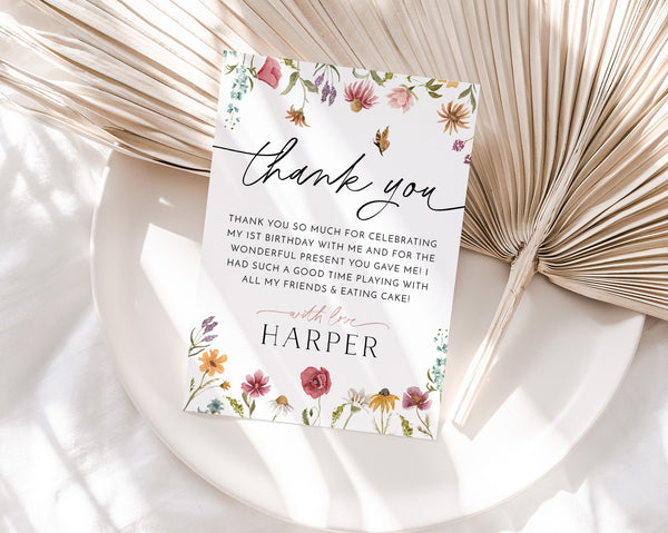 Wildflower Thank You Card Template, Printable Thank You Card, Flower Thank You Card Editable, Pink Flower Thank You Card, 1st Birthday Girl