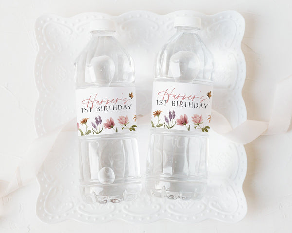 Wildflower Water Bottle Labels, 1st Birthday Girl Water Label, Printable Flower Water Bottle Label, Wildflower Birthday Water Labels Pink