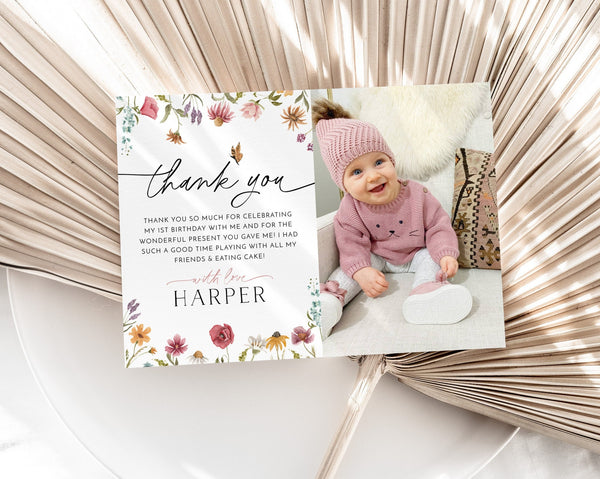 Wildflower Thank You Card Template, Printable Thank You Card, Flower Thank You Card Editable, Pink Flower Thank You Card, 1st Birthday Girl