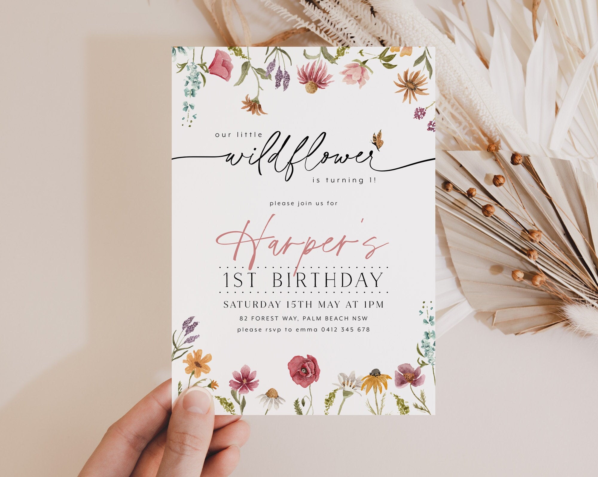 Wildflower Birthday Invitation, 1st Birthday Invitation Girl, Girls Birthday Flower Invitation, 1st Birthday Girl, Wildflower 1st Birthday