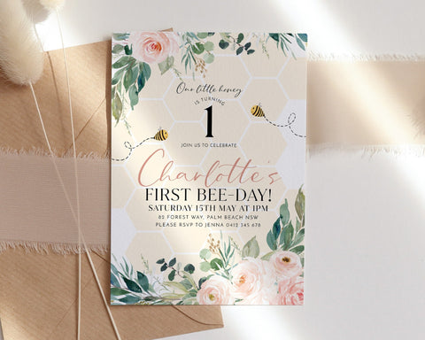 First Bee Day Invitation, Bee Birthday Invitation Pink, Bee 1st Birthday Invite, Bumble Bee Birthday, Honey Bee Invitation 1st Birthday Girl