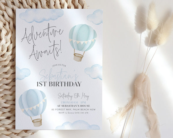 Hot Air Balloon 1st Birthday Invitation, Adventure Awaits Invitation 1st Birthday Boy, Printable Invite Blue Hot Air Balloon Up Up and Away