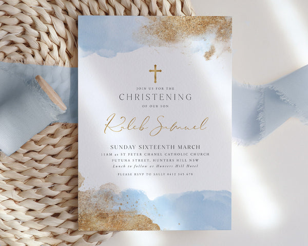 Christening Invitation Boy, Baptism Invitation Template, Blue Watercolour, Gold Christening Invite, Printable Christening, Baptismal