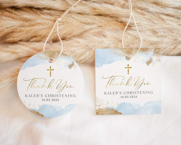 Baptism Favour Tags, Editable Tags, Christening Favor Tags, Blue and Gold Favour Tags, Boys Christening, Boys Baptism, Blue Thank You Tags