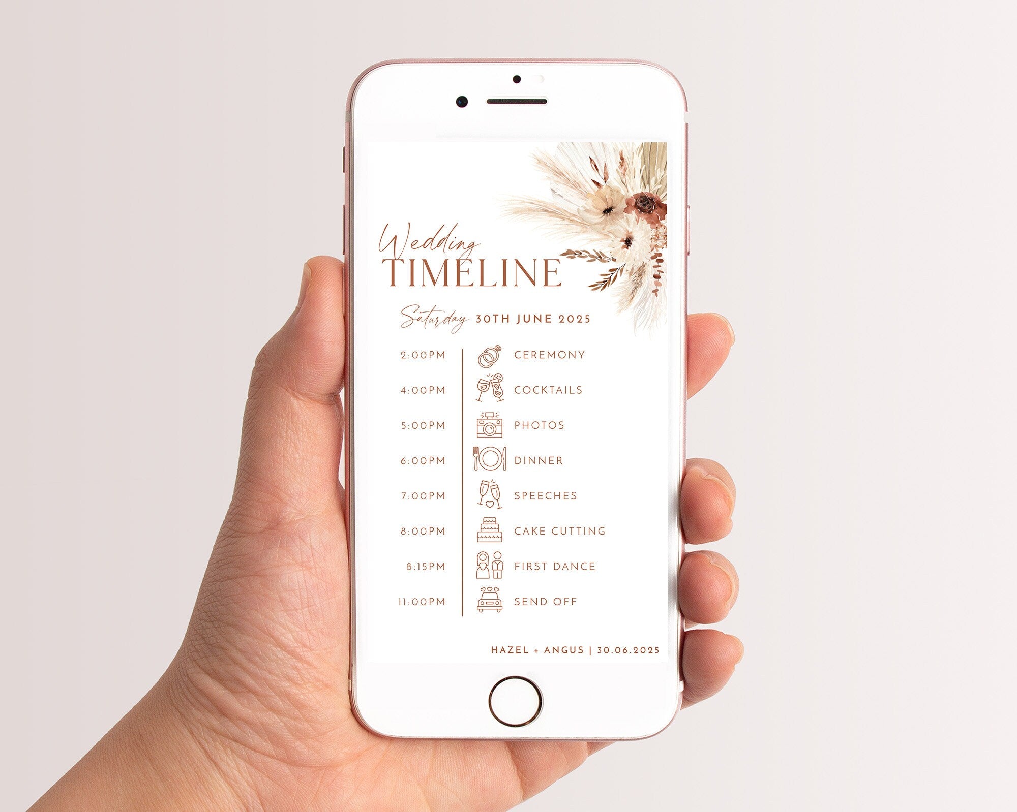 Phone Timeline Template, Wedding Timeline, Order of Events For Texting, Digital Wedding Day Timeline Download, Boho Floral Wedding, Hazel