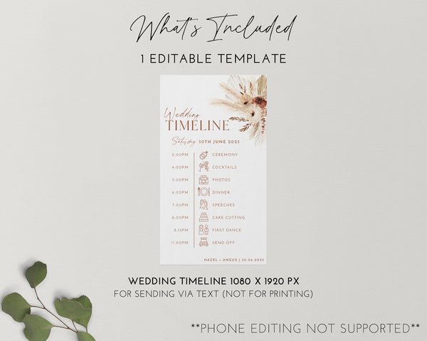 Phone Timeline Template, Wedding Timeline, Order of Events For Texting, Digital Wedding Day Timeline Download, Boho Floral Wedding, Hazel
