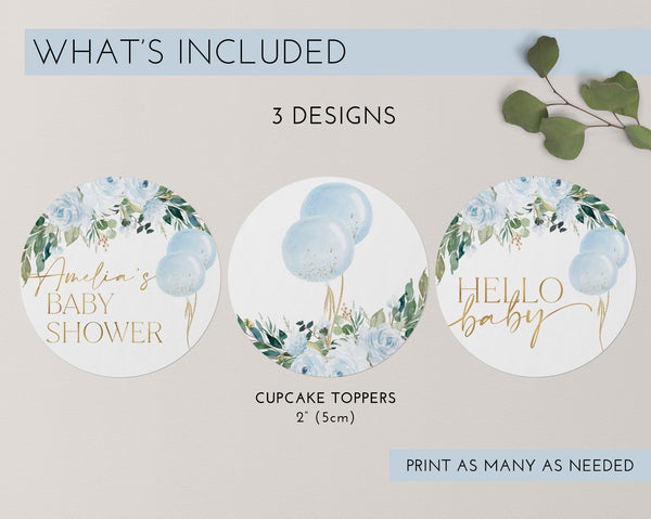 Cupcake Toppers Boy, Blue Baby Shower Cupcake Toppers, Printable Blue Balloon Baby Shower Cupcake Topper, Editable Cupcake Toppers Baby Blue