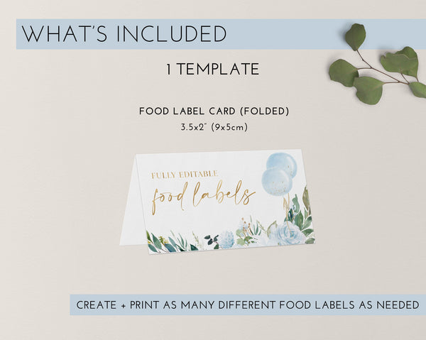 Baby Shower Food Labels, Boy Food Label Card, Food Tent Card, Boy Baby Shower Food Tags, Folded Food Cards, Tented Labels, Blue Balloon Boy