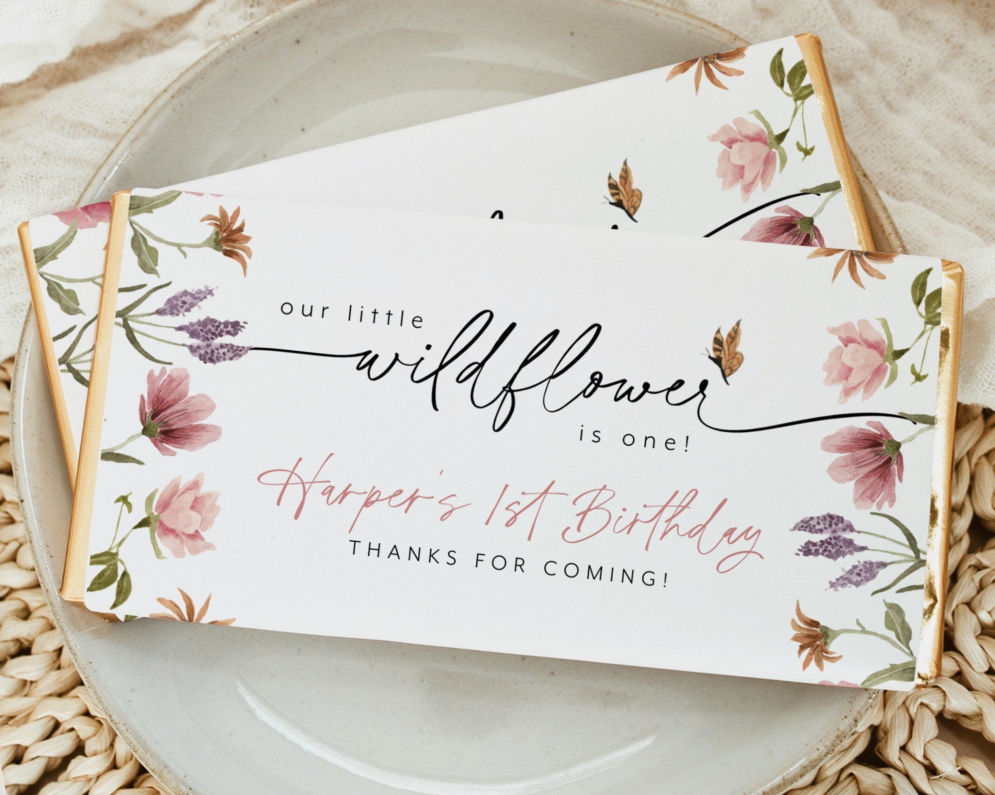 Wildflower Chocolate Wrapper Template, Printable Candy Bar Wrapper, 1st Birthday Candy Bar Wrapper, Birthday Favor Wildflower Birthday Label