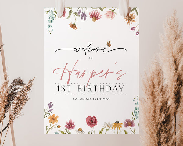 Wildflower Welcome Sign, Flower 1st Birthday Welcome Sign, Baby First Birthday, 1st Birthday Sign, Pink Floral Welcome Sign, First Birthday