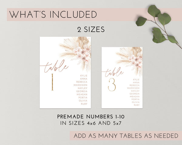 Pink Boho Table Numbers, Bridal Shower Table Numbers, Boho Table Numbers, Pampas Grass Table Number Template, Printable Table Numbers Floral