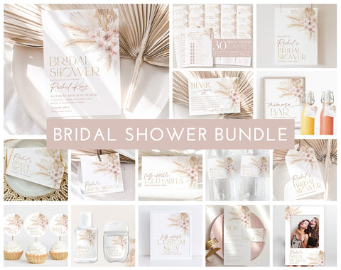 Pink Boho Bridal Shower Invitation Bundle, Boho Floral Bridal Shower Invitation and Games Bundle, Editable Games, Printable Bridal Shower