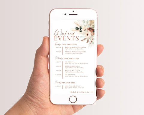 Phone Wedding Events Itinerary Template, Wedding Weekend Timeline, Order of Events For Texting, Digital Events, Boho Floral Wedding, Maeve