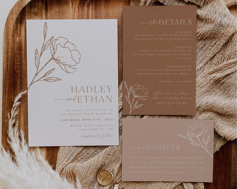 Minimalist Wedding Invitation Template Set, Botanical Floral Wedding Invitation Template Download, Editable Invitation Set Neutral, Hadley