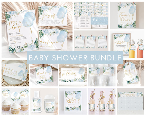 Baby Shower Invitation Boy Bundle, Printable Baby Shower Invitation and Editable Games, Blue Baby Shower Decorations, Boy Baby Shower Blue