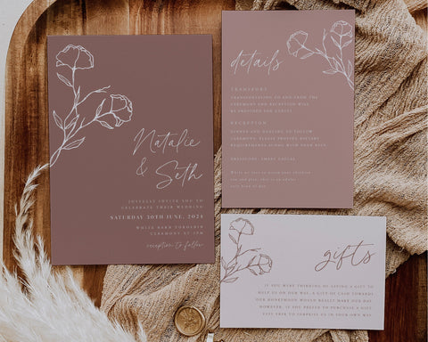 Minimalist Wedding Invitation Template Set, Floral Line Wedding Invitation Template Download, Editable Invitation Pink Botanical, Natalie