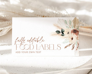 Boho Bridal Shower Food Labels, Boho Food Label Card, Food Tent Cards, Food Tags, Food Labels, Folded Food Cards, Tented, Boho Floral Cards