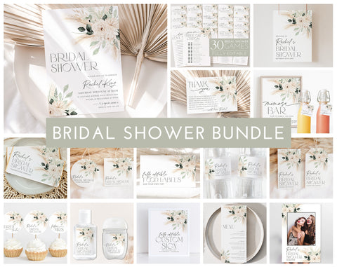 Boho Bridal Shower Invitation Bundle, Boho Greenery Floral Bridal Shower Invitation and Games Bundle, Editable Games, Printable Boho Bundle