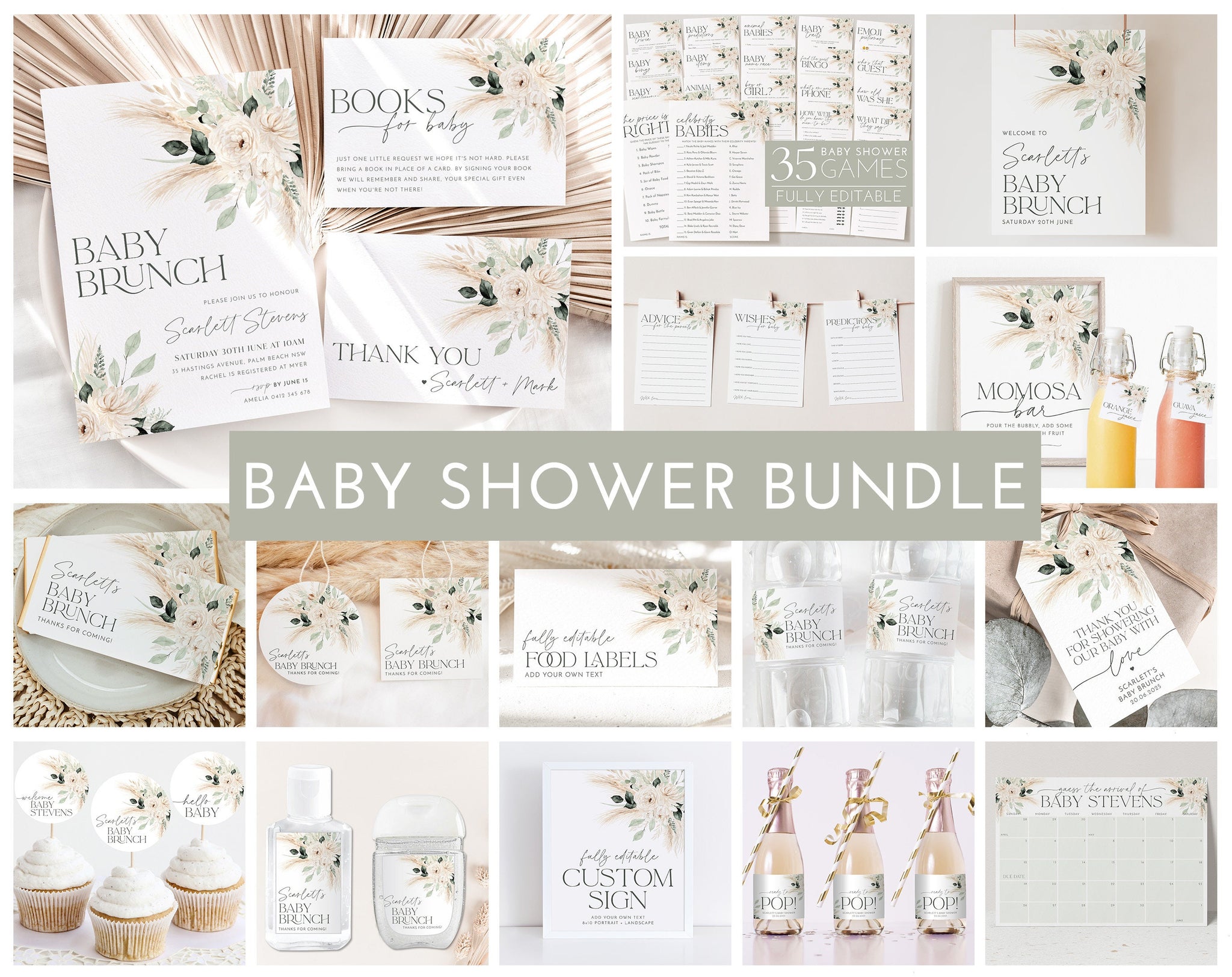 Boho Baby Shower Invitation Bundle, Printable Baby Shower Invitation and Games, Editable Games,Greenery Floral Baby Shower Invitation Pack
