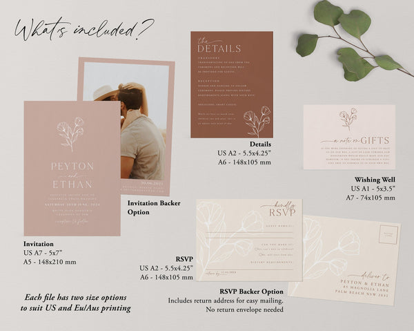 Minimalist Wedding Invitation Template Set, Botanical Floral Wedding Invitation Template Download, Editable Invitation Set Pink, Peyton