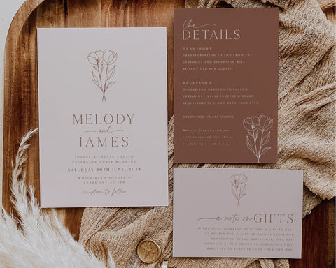 Minimalist Wedding Invitation Template Set, Botanical Floral Wedding Invitation Template Download, Editable Invitation Set Pink, Melody