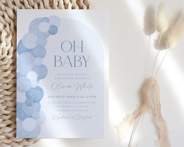 Blue Baby Shower Invitation, Balloon Arch Oh Baby Boy Baby Shower Invitation Template, Baby Brunch, Baby Sprinkle, Blue Arch Baby Invitation