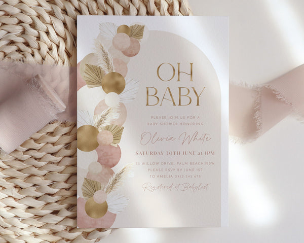 Pink Boho Baby Shower Invitation, Balloon Arch Oh Baby Girl Invitation Template, Baby Brunch Baby Sprinkle Pink Boho Balloon Arch Invitation