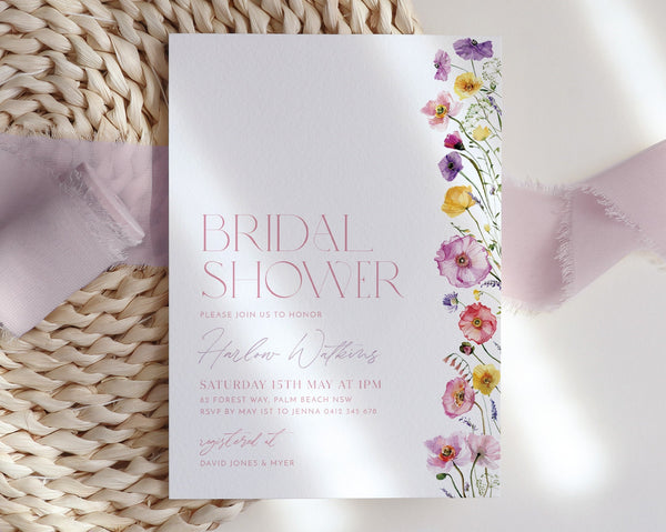 Bridal Shower Invitation, Wildflowers, Pretty Floral Invitation, Poppy Flowers, Pink Purple, Bridal Brunch Invitation, Modern Bridal Invite