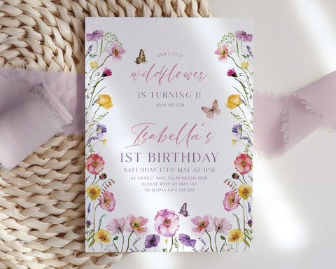 Wildflower 1st Birthday Invitation, Butterfly Invitation, Girls 1st Birthday Invite, Purple Pink Flower Invitation Poppy Flowers Butterflies