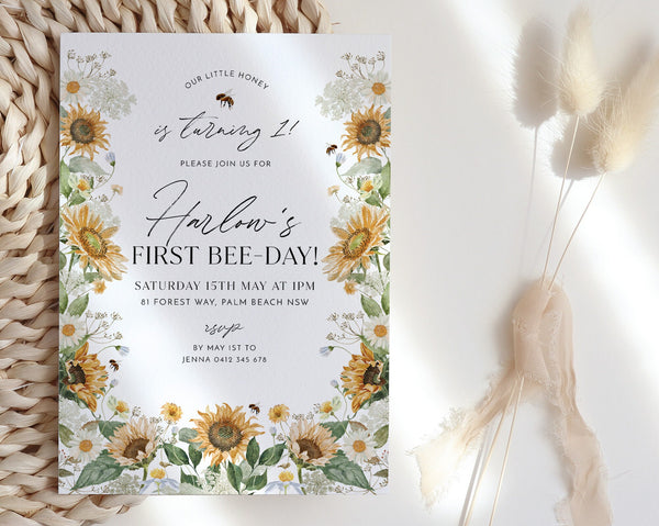 Bee Birthday Invitation, Bee 1st Birthday Invite, 1st Bee Day Invitation, Sunflower Bee Birthday Invitation, 1st Birthday Girl Bee Sunflower