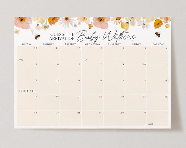 Baby Shower Due Date Calendar, Birth Date Sign, Baby Arrival Sign Printable, Floral Bee Baby Shower Due Date Sign, Mommy to Bee Due Date