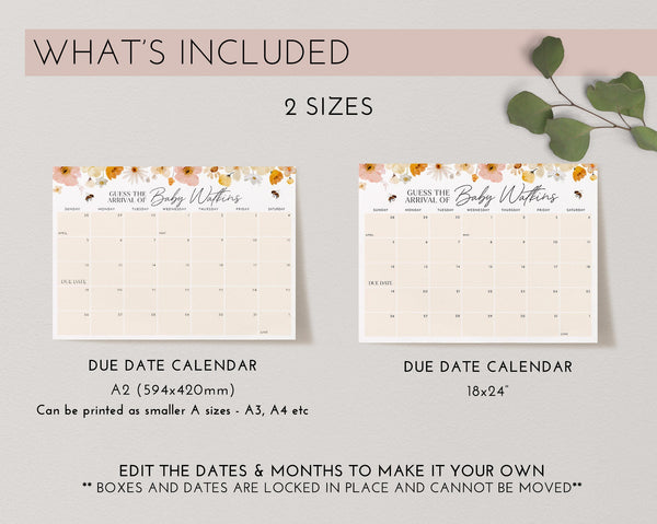 Baby Shower Due Date Calendar, Birth Date Sign, Baby Arrival Sign Printable, Floral Bee Baby Shower Due Date Sign, Mommy to Bee Due Date