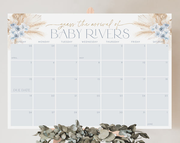 Boho Baby Shower Due Date Calendar, Birth Date Sign, Baby Arrival Sign Printable, Blue Boho Baby Shower Due Date Sign, Baby Boy Calendar
