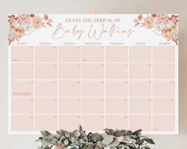 Baby Shower Due Date Calendar, Birth Date Sign, Baby Arrival Sign Printable, Fall Baby Shower, Pumpkin Baby Shower, Pink Due Date Sign Girl