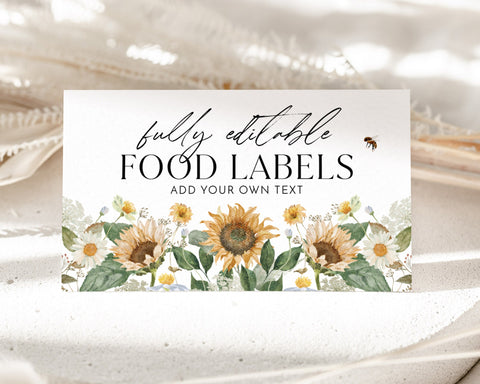 Sunflower Baby Shower Food Labels, Food Tent Cards, Folded Food Cards, Bee Baby Shower Food Card, Mommy to Bee, Sunflower and Bee Food Label
