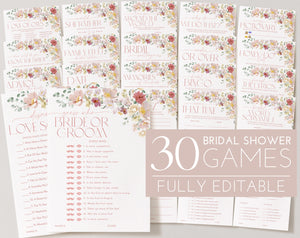 Floral Bridal Shower Games, Pink Flower Bridal Shower Editable Games, Printable Games, Games Pack, Modern Bridal Shower Games, Wildflower