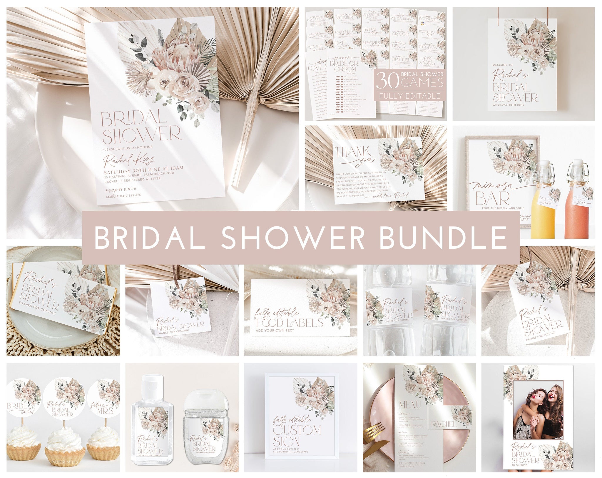 Boho Protea Bridal Shower Invitation Bundle, Floral Bridal Shower Games Bundle, Editable Games, Printable Boho Bridal Shower Bundle Pink