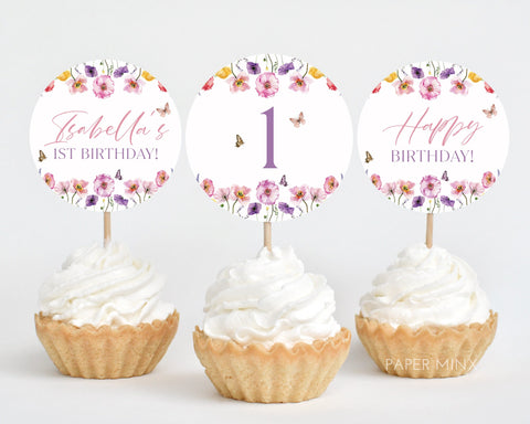 Wildflower Cupcake Toppers, Printable Cupcake Topper, Floral Butterfly Cupcake Topper, Wildflower 1st Birthday Editable Cupcake Toppers Pink
