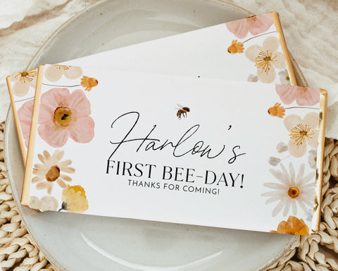 First Bee Day Chocolate Bar Wrapper Template, Printable Candy Bar Wrapper, Bee 1st Birthday Chocolate Labels, Birthday Favors, 1st Bee Day