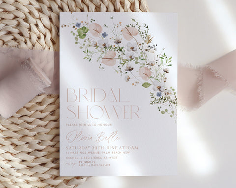 Wildflower Bridal Shower Invitation, Floral Spring Bridal Shower Invite, Pink Floral Bridal Shower, Editable Bridal Template, Kitchen Tea