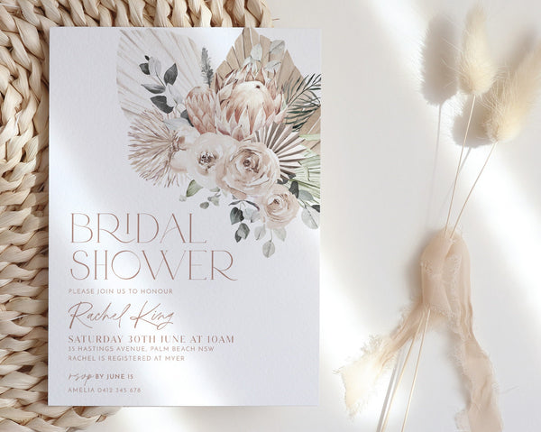 Boho Bridal Shower Invitation, Protea Bridal Shower Invite, Dusty Pink Floral Bridal Shower, Editable Bridal Template, Kitchen Tea, Proteas