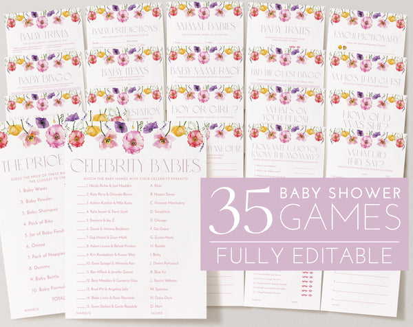 Floral Baby Shower Games, Baby in Bloom Games, Wildflower Baby Shower Games Printable, Pink Purple Flowers Girl Baby Shower Games Bundle
