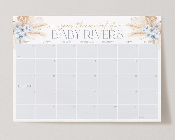 Boho Baby Shower Due Date Calendar, Birth Date Sign, Baby Arrival Sign Printable, Blue Boho Baby Shower Due Date Sign, Baby Boy Calendar