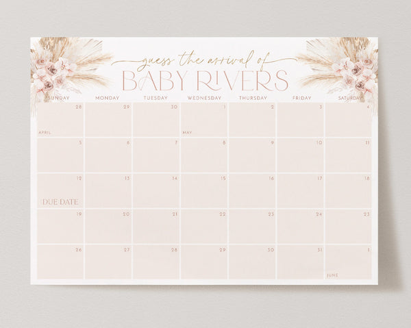 Boho Baby Shower Due Date Calendar, Birth Date Sign, Baby Arrival Sign Printable, Pink Boho Baby Shower Due Date Sign, Baby Girl Calendar
