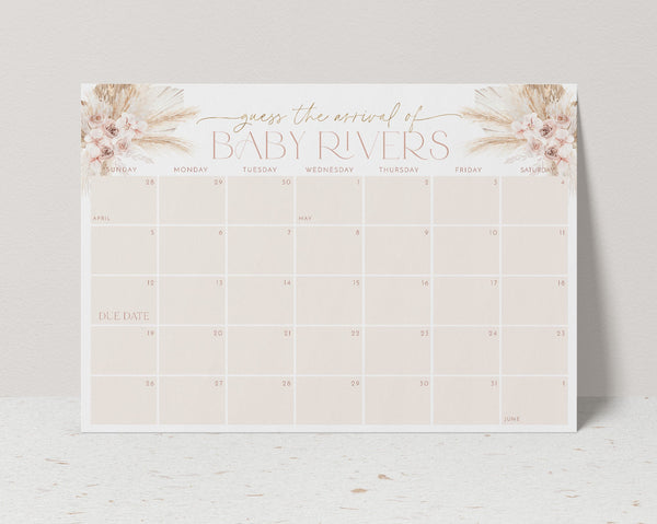 Boho Baby Shower Due Date Calendar, Birth Date Sign, Baby Arrival Sign Printable, Pink Boho Baby Shower Due Date Sign, Baby Girl Calendar